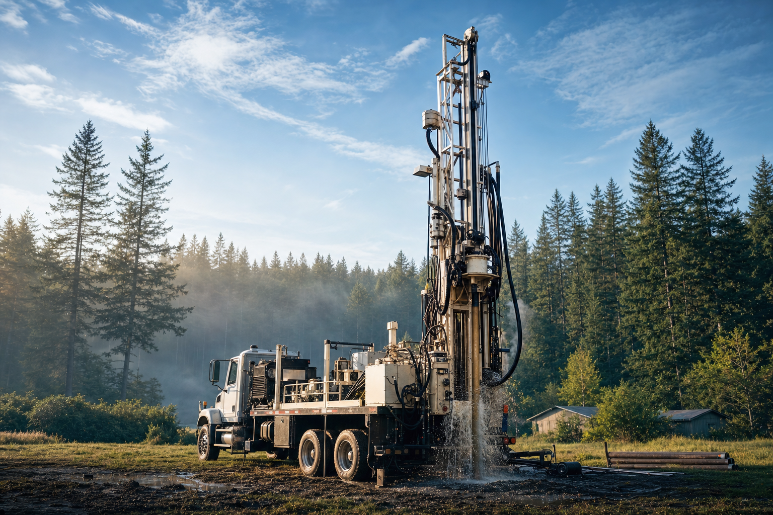 Aquatech drilling rig operating on a Northwest Washington property at dawn