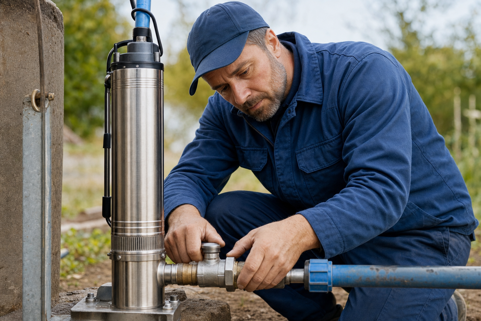 Aquatech technician installing a stainless steel submersible pump